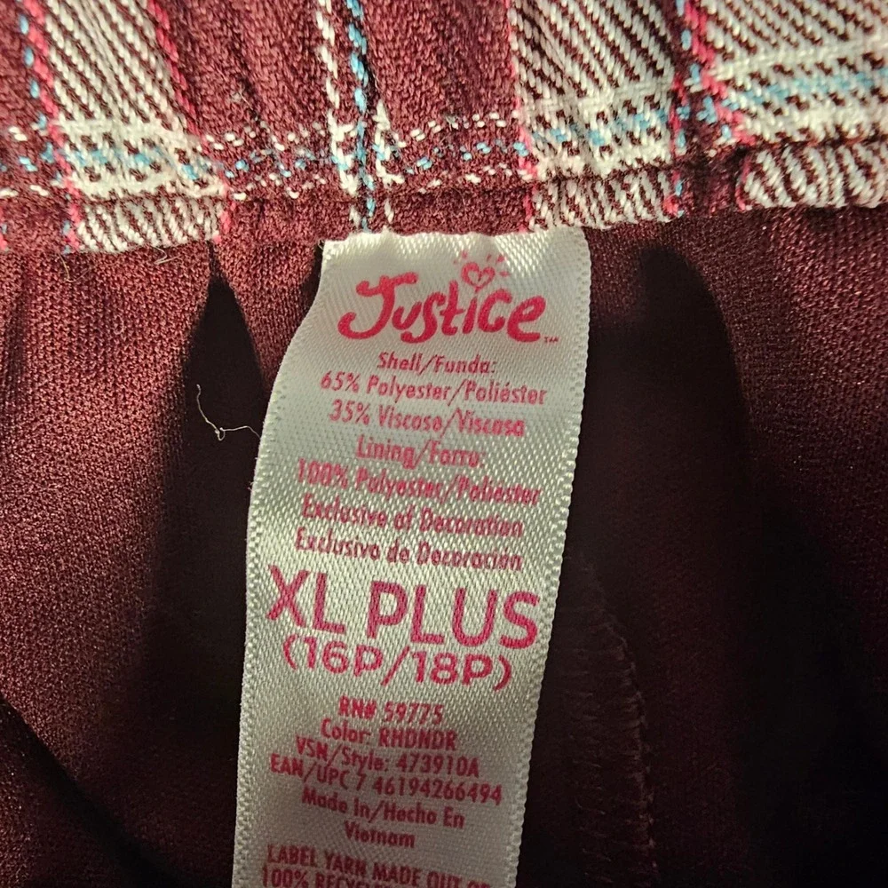 Justice Kids XL Plus 16P 18P Burgundy Plaid Skort Button Front 473910A